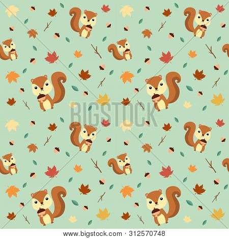 Seamless Pattern Cute Squirrel And Autumn Element.