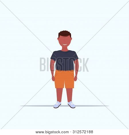 Overweight Smiling Boy Over Size Child Standing Pose Unhealthy Lifestyle Concept Obese African Ameri