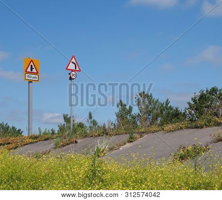 A Raised Coastal Road Along The Ribble Estuary Near Southport Merseyside With Turning And Speed Limi