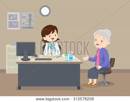 Elderly  Walking.docter Helps  Grandmother To Go To The Walker. Caring For The Elderly.doctor And Ol