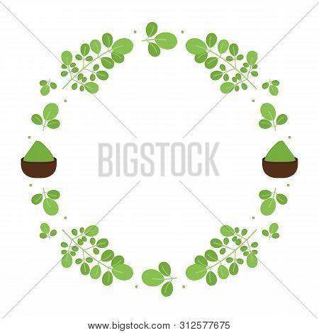 Vector Round Frame With Asian Superfood Moringa Oleifera Leaves And Powder In The Bowl.