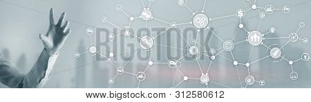 Ommunication Network. Horizontal Panoramic Business Background. Organisational Structure On Virtual 