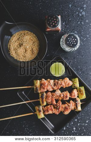 Japanese Style Skewers Chicken Meat Grilled.