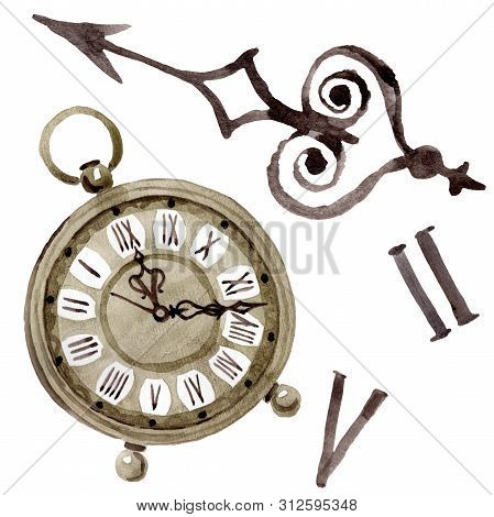 Vintage Old Clock Pocket Watch. Watercolor Background Illustration Set. Isolated Clocks Illustration