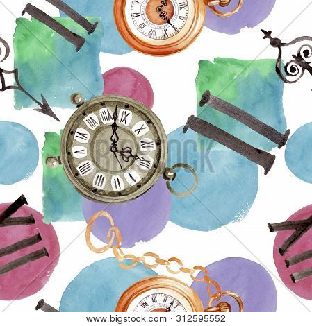 Vintage Old Clock Pocket Watch. Watercolor Background Illustration Set. Seamless Background Pattern.