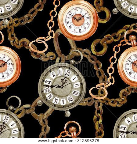 Vintage Old Clock Pocket Watch. Watercolor Background Illustration Set. Seamless Background Pattern.