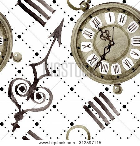 Vintage Old Clock Pocket Watch. Watercolor Background Illustration Set. Seamless Background Pattern.