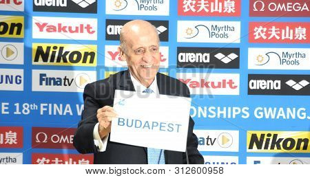Gwangju, South Korea - Jul 21, 2019. Julio Maglione President Of Fina Presents The Name Of Budapest 