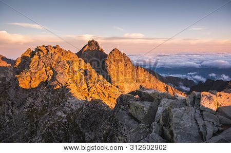 Mountains Landscape With Inversion In The Valley At Sunset As Seen From Rysy Peak In High Tatras, Sl