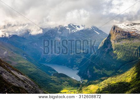 View To The Geiranger Fjord With Green Valley Surrounded By Mountains, Geiranger, Sunnmore Region, M