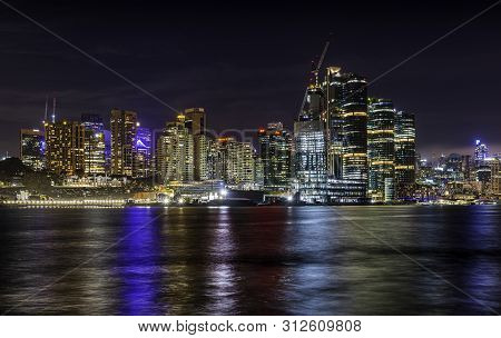 Sydney, Australia - Apr 21, 2019: Night View Of The Iconic Millers Point And Barangaroo Suburbs (rig