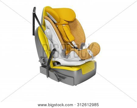Orange Baby Car Seat With Isofix On Yellow Car Seat 3d Render On White Background No Shadow