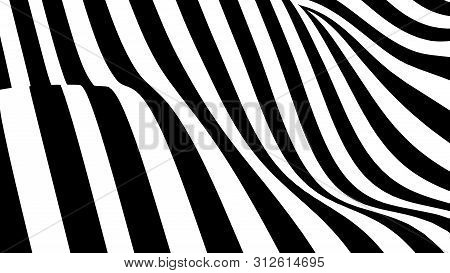 Optical Illusion Wave. Abstract 3D Black And White Illusions. Horizontal Lines Stripes Pattern Or Ba
