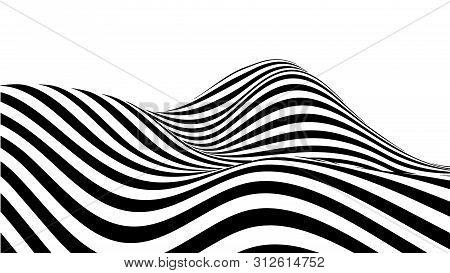Optical Illusion Wave. Abstract 3D Black And White Illusions. Horizontal Lines Stripes Pattern Or Ba