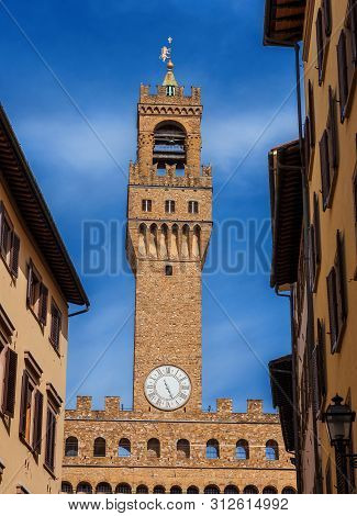 Palazzo Vecchio (old Palace) Clocktower, The Beautiful Florence Town Hall Erected In The 14th Centur