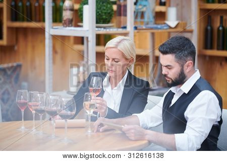 Two co-working sommeliers sitting by table with group of wine samples