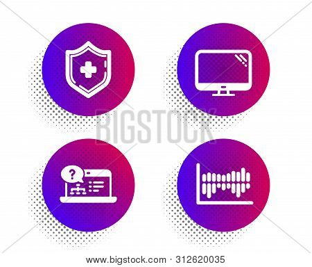 Online Help, Medical Shield And Computer Icons Simple Set. Halftone Dots Button. Column Diagram Sign