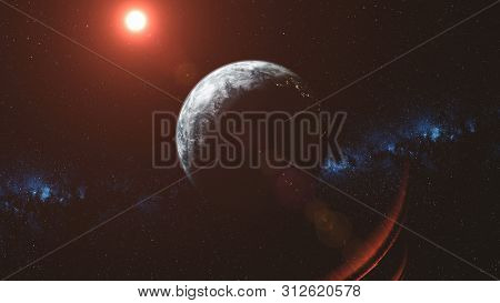 Epic Earth Orbit Observation Red Sun Beam Glow. Solar System Celestial Interstellar Milky Way Background. Deep Outer Space Travel Concept 3D Animation