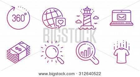 Seo Analysis, World Brand And E-mail Line Icons Set. Search, Lighthouse And 360 Degrees Signs. Usd C