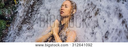 Young Woman Tourist In Holy Springs Sebatu In Bali Banner, Long Format