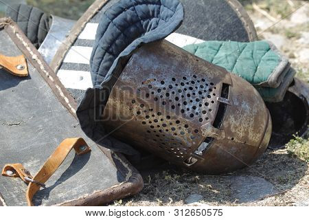 Odessa, Ukraine - July 20, 2019: Battle Of The Knights With Medieval Weapons At The Medieval Perform