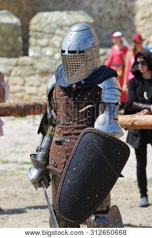 Odessa, Ukraine - July 20, 2019: Battle Of The Knights With Medieval Weapons At The Medieval Perform