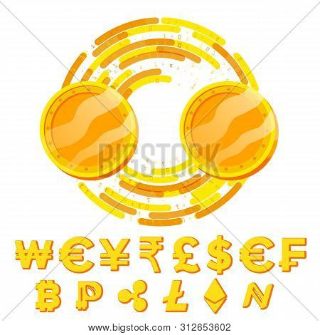 Money Currency Exchange Blank Concept . Fintech Blockchain. Golden Coins With Digital Stream. Cash A