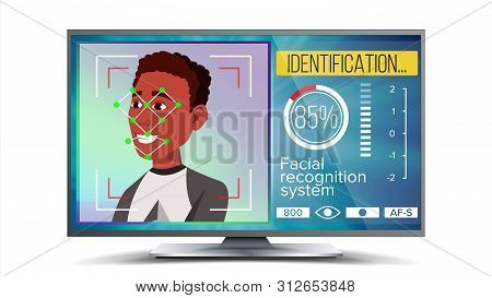 Face Recognition, Identification System . Face Recognition Technology. Afro American Face On Screen.