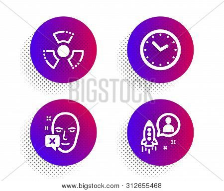Face Declined, Time And Chemical Hazard Icons Simple Set. Halftone Dots Button. Startup Sign. Identi