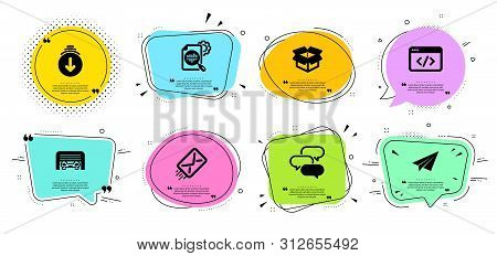 Open Box, Seo Script And Scroll Down Line Icons Set. Chat Bubbles With Quotes. Paper Plane, Seo Stat