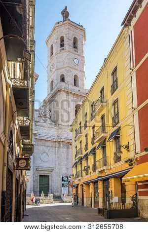 Valladolid,spain - May 13,2019 - Bell Tower Of Valladolid Cathedral From The Street. Valladolid Is M