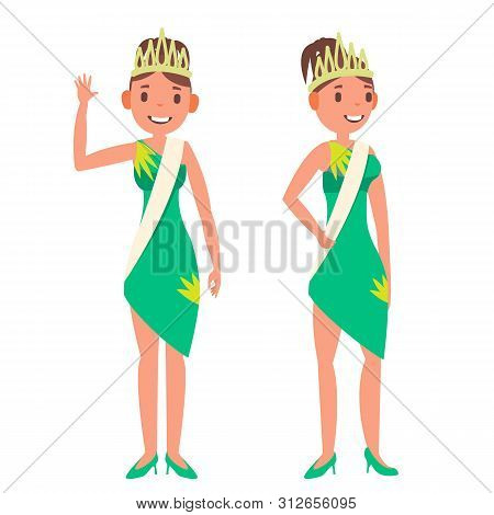 Beauty Pageant . Woman On Beauty Pageant. Miss Universe. Isolated Flat Cartoon Illustration