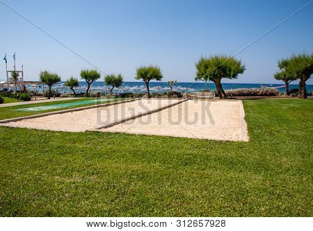 Malia, Crete, Greece - Juni 18, 2019:  View Of Beach In Malia On Crete, Greece