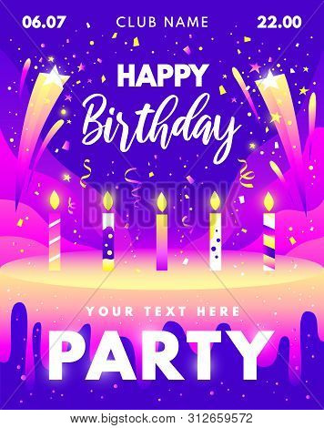 Happy Birthday Gradients Design With Candles, Cake, Stars, Fireworks, Confetti For Greeting Card, Ba