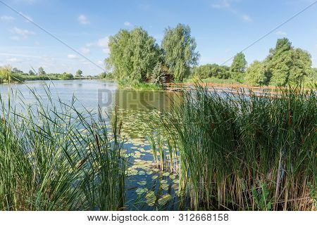 Tiny Island With Trees And Romantic Fishing Hut On Lake And Small Wooden Footbridge To Him With Reed