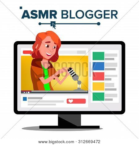 Asmr Blogger Channel . Female. Fast Help To Sleep. Insomnia Concept. Isolated Illustration