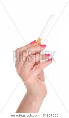 Cigarro na mão feminino isolateed branco