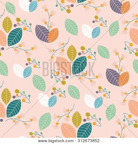 Colorful Leaves And Flowers, In A Seamless Pattern