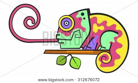 Chameleon Sitting On A Branch. Reptile Vector