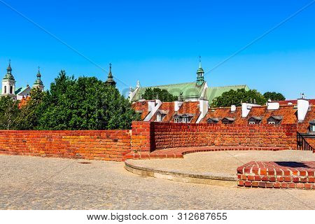 Warsaw, Poland Panoramic View Of Barbican Or Barbakan Wall And Old Town Houses