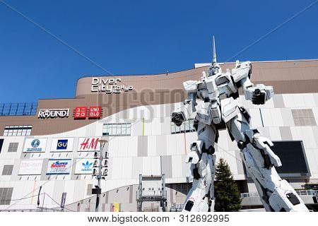 Tokyo, Japan - April 28, 2019, Rx-0 Unicorn Gundam Statue In Normal Mode Located At Diver City Tokyo