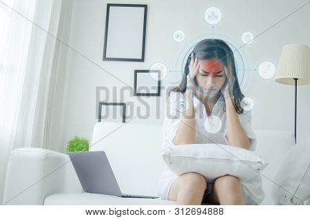 Asian Women Are Headache Severely.lady Wake Up In The Morning With Migraine. Insomnia Results In Hea