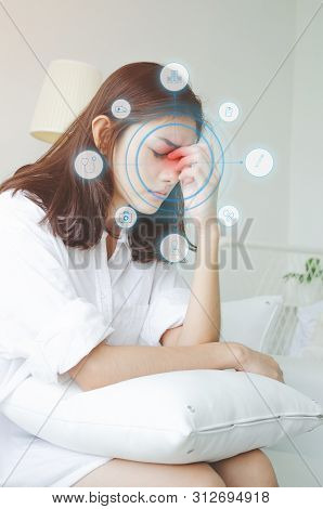 Asian Women Are Headache Severely.lady Wake Up In The Morning With Migraine. Insomnia Results In Hea