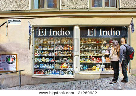 Tourists Near The Gift Shop El Indio In Stockholm