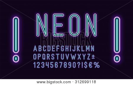 Neon Rounded Alphabet, Violet Azure Color. Neon Outlined Font, Set Of Duotone Glowing Letters, Numbe