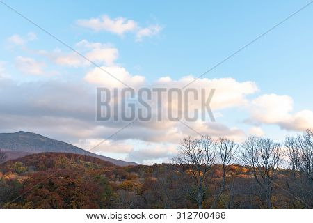 Autumn Foliage Scenery In Kayano-kogen Plateau, Aomori, Japan. Hakkoda Mountains On Background Bathe