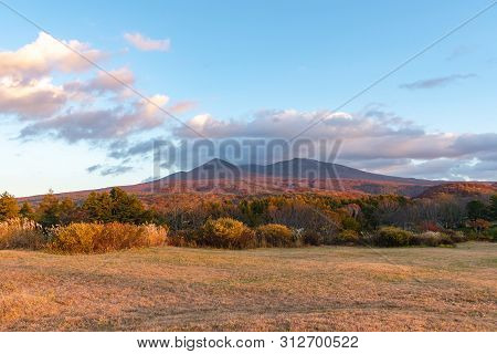 Autumn Foliage Scenery In Kayano-kogen Plateau, Aomori, Japan. Hakkoda Mountains On Background Bathe