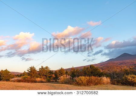 Autumn Foliage Scenery In Kayano-kogen Plateau, Aomori, Japan. Hakkoda Mountains On Background Bathe