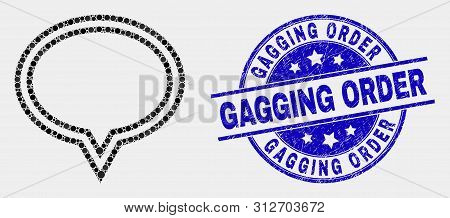 Pixelated Banner Balloon Mosaic Icon And Gagging Order Seal Stamp. Blue Vector Rounded Scratched Sta