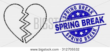 Dot Broken Heart Mosaic Pictogram And Spring Break Seal Stamp. Blue Vector Round Scratched Seal Stam